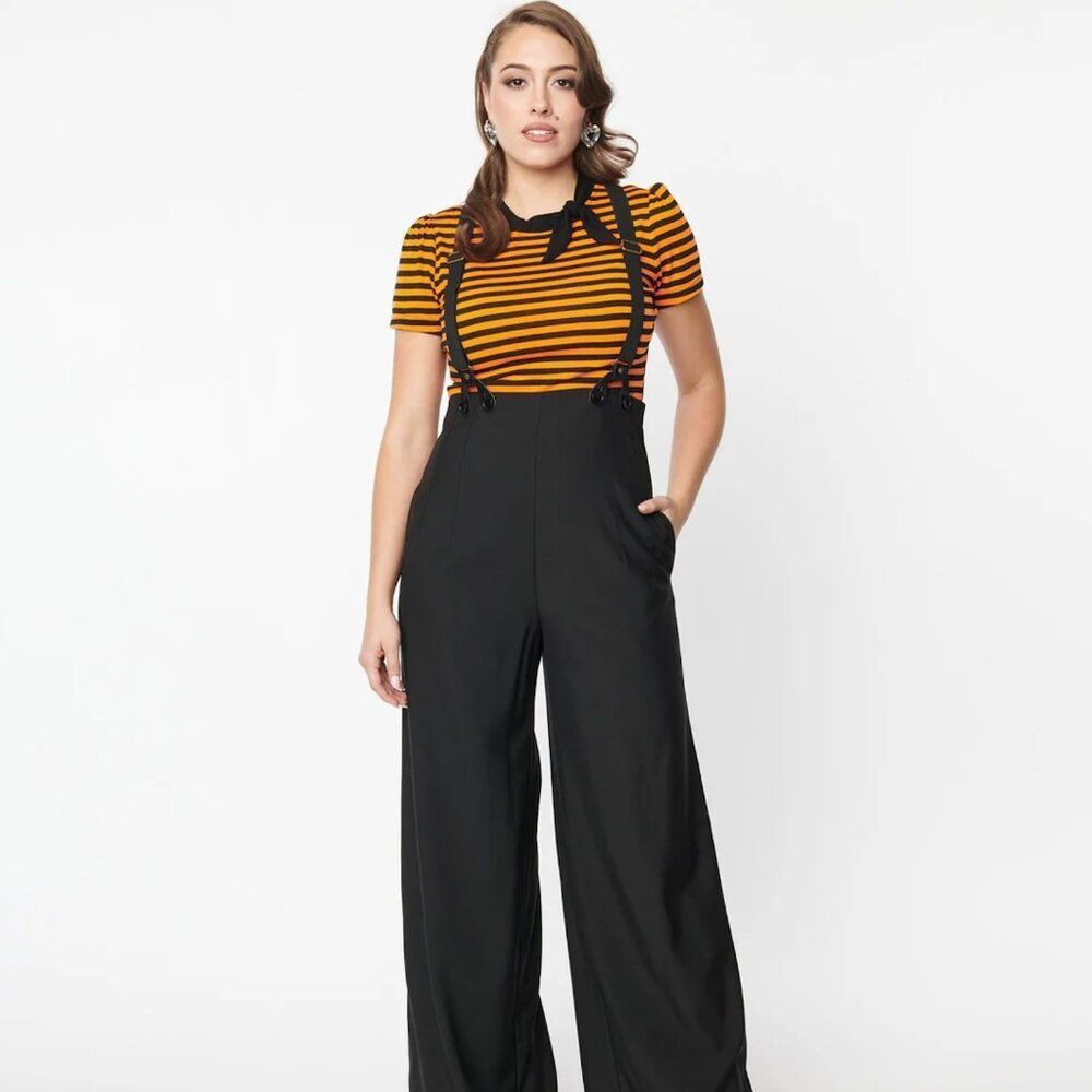 High-Waist Black Wide-Leg Suspender Pants with Striped Orange Top